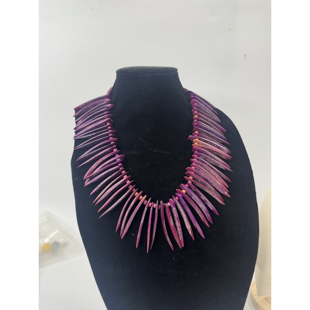 Purple Spiked Wood Statement Necklace Bohemian Fringe Beaded Barrel Clasp 20.5in